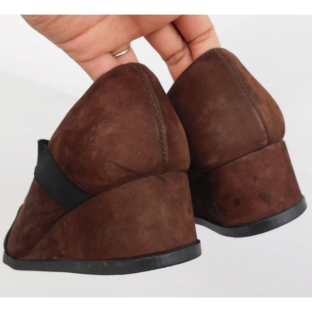 Arche Brown Nubuck Leather Wedge Pumps Black Elastic Straps‎ France Womens 37